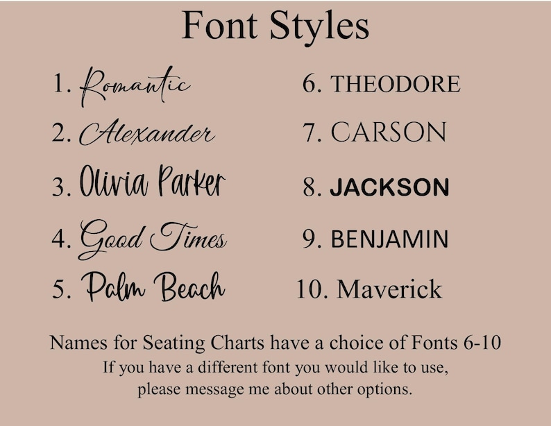 May include: A beige background features a list of font styles. The text "Font Styles" is at the top. The list includes font names such as "Romantic", "Alexander", and "Olivia Parker". Further text below mentions font choices for seating charts.