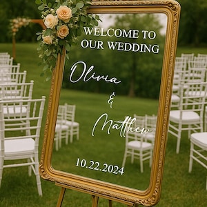 Wedding Mirror Decal, Welcome to Our Wedding Vinyl Sign, Elegant Wedding Welcome Sign, Custom Names & Date, Personalized Vinyl Decal