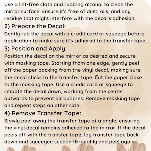 May include: A guide to applying decals, set against a beige backdrop with floral designs. The text details the steps: cleaning the mirror, preparing the decal, positioning and applying, and removing the transfer tape. The title "Decal Application" is at the top.