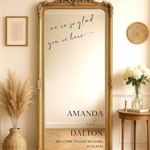 Custom Wedding Mirror Decal – We're So Glad You're Here - Personalized Names & Date,  Elegant Welcome Sign