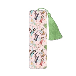 May include: A rectangular bookmark with a pink background and a repeating pattern of fairies in various poses and outfits. The bookmark has a green tassel attached to the top.