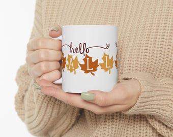Hello Fall Mug, Orange Autumn Leaves, Thanksgiving Coffee Cup