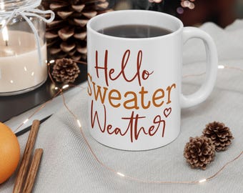 Fall Orange Ceramic Coffee Mug, Hello Sweater Weather, 11oz