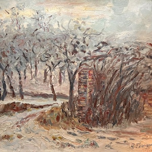 Pintura al óleo impresionista francesa de paisaje firmada por R. Planquois