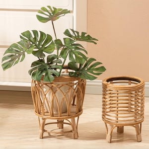 Handwoven Boho Rattan Plant Basket – Eco-Friendly Natural Bamboo Planter & Stand Basket for Plants, Home Decor, Housewarming Gift