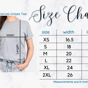 May include: Size chart for a unisex t-shirt, showing measurements in inches for width and length. Sizes include XS, S, M, L, XL, and 2XL.