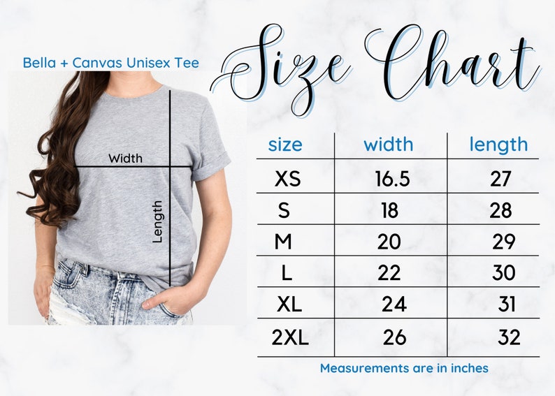May include: Size chart for a unisex t-shirt, showing measurements in inches for width and length. Sizes include XS, S, M, L, XL, and 2XL.