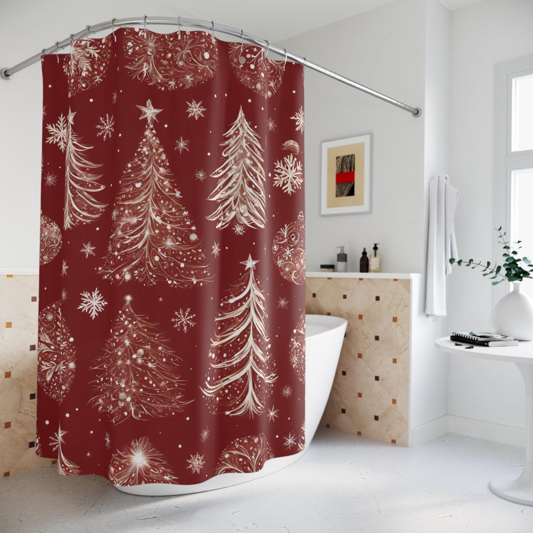 Christmas Shower Curtain, Deep Red Christmas Tree Bath Curtain, Winter ...