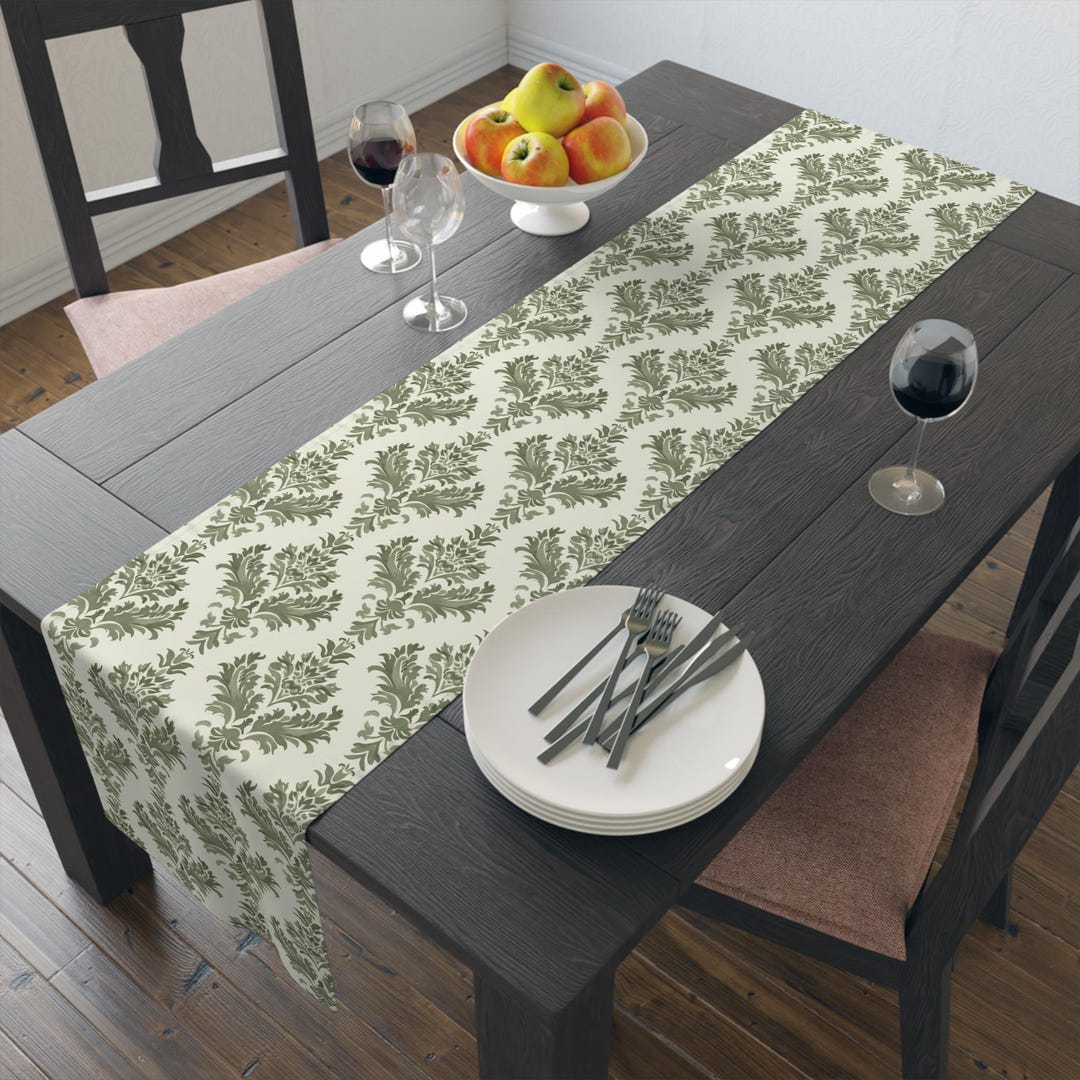Sage Green Damask Table Runner, Flower Table Runner, Dining Room Table ...