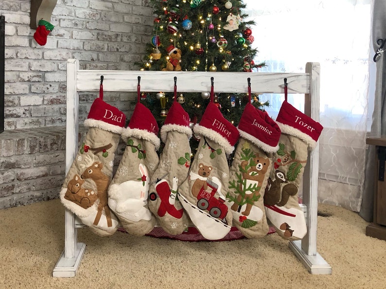Free Standing Stocking Holder Stand, Custom Christmas Stocking Stand Decor, No Mantel Stand Alone on Floor Wood Stocking Display Hanger Rack image 1
