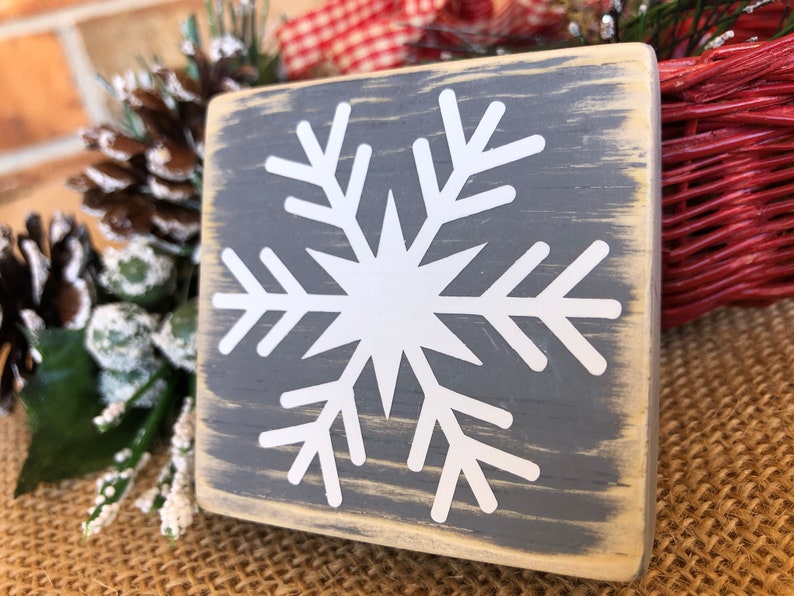 Rustic Farmhouse Snowflake Mini wood Blocks Set of 3, Stackable Christmas Tier Tray Decor, Wooden Winter Snow Decoration Mantel Shelf Sitter image 5