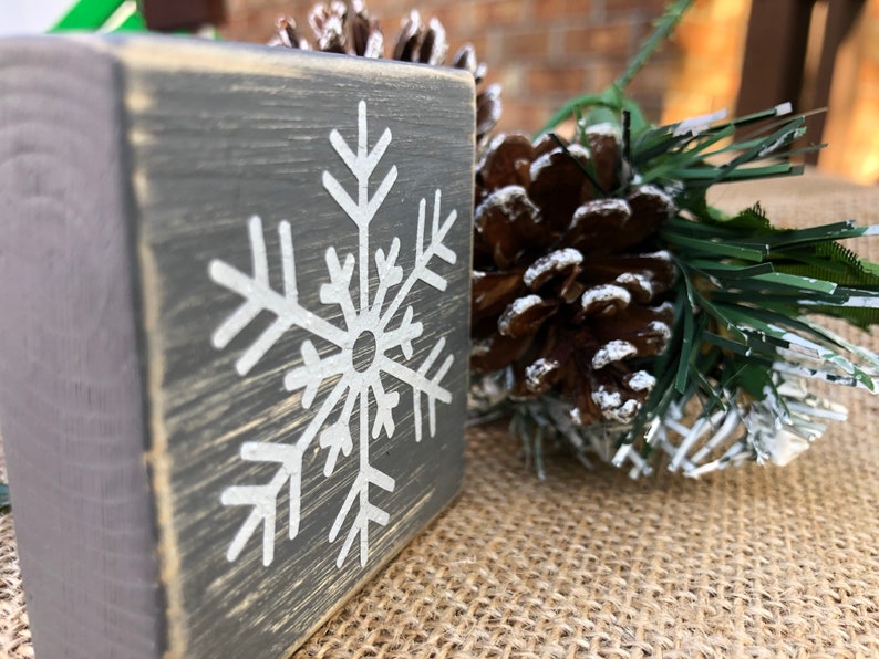 Rustic Farmhouse Snowflake Mini wood Blocks Set of 3, Stackable Christmas Tier Tray Decor, Wooden Winter Snow Decoration Mantel Shelf Sitter image 3