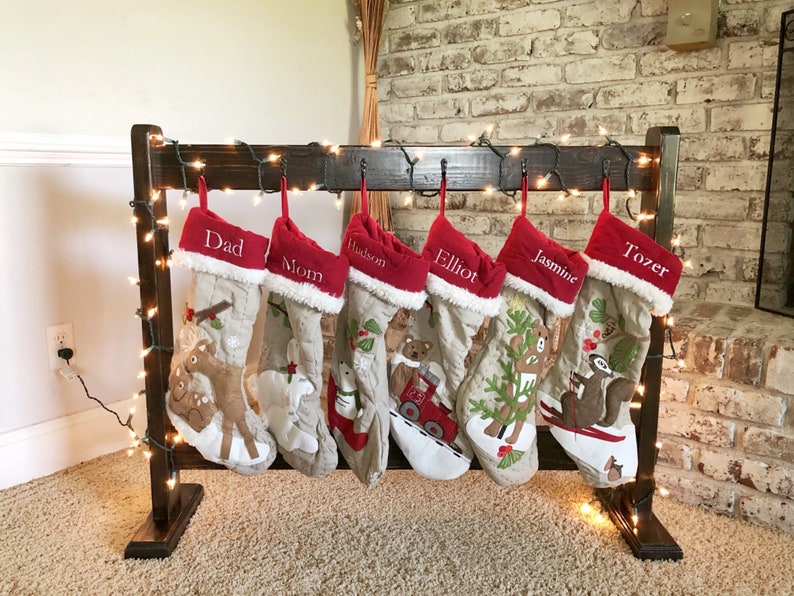 Free Standing Stocking Holder Stand, Custom Christmas Stocking Stand Decor, No Mantel Stand Alone on Floor Wood Stocking Display Hanger Rack image 2
