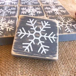 Rustic Farmhouse Snowflake Mini wood Blocks Set of 3, Stackable Christmas Tier Tray Decor, Wooden Winter Snow Decoration Mantel Shelf Sitter image 4