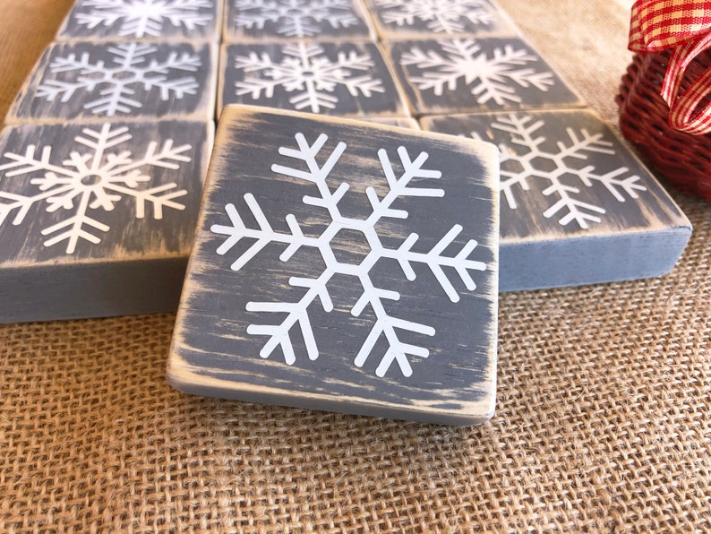 Rustic Farmhouse Snowflake Mini wood Blocks Set of 3, Stackable Christmas Tier Tray Decor, Wooden Winter Snow Decoration Mantel Shelf Sitter image 4