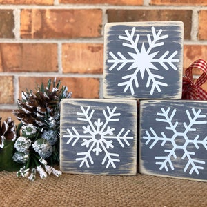 Rustic Farmhouse Snowflake Mini wood Blocks Set of 3, Stackable Christmas Tier Tray Decor, Wooden Winter Snow Decoration Mantel Shelf Sitter image 2