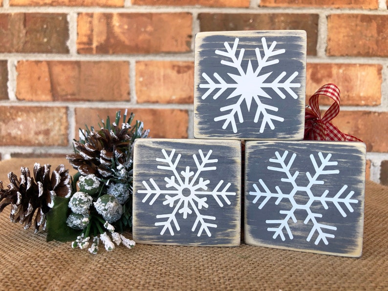 Rustic Farmhouse Snowflake Mini wood Blocks Set of 3, Stackable Christmas Tier Tray Decor, Wooden Winter Snow Decoration Mantel Shelf Sitter image 2