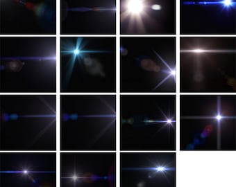 May include: A collection of 16 different lens flare effects, each with a unique shape and color. The flares are all on a black background.