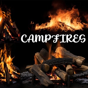 Puede incluir: Cuatro imágenes diferentes de fogatas con troncos ardiendo y llamas. La palabra "CAMPFIRES" está escrita en letras blancas cursivas en el medio de la imagen.