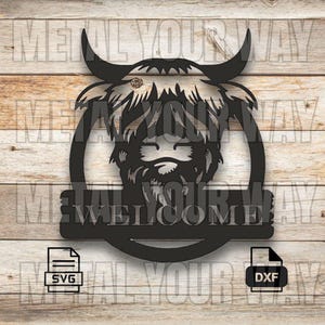 May include: Black metal Highland cow welcome sign with the word "WELCOME". The sign features a circular design with the cow's head in the center. Includes SVG and DXF file icons.