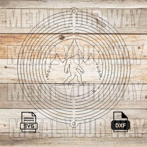May include: Black line art design of a Bigfoot silhouette walking in front of a mountain and trees, surrounded by concentric circles. The design includes SVG and DXF file icons. The background is a wood grain pattern.