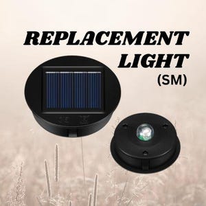 May include: Two black replacement solar lights. One has a solar panel, the other has a clear lens. The text "REPLACEMENT LIGHT (SM)" is displayed above the lights. The background is a blurred image of tall grass.