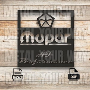 Könnte beinhalten: Schwarzes Metallschild mit dem Wort "Mopar" in Silber, einem Pentagon-Logo und dem Text "49-UR Performance". Das Schild enthält auch SVG- und DXF-Dateisymbole.