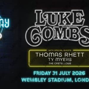 Könnte beinhalten: Konzertticket und Werbematerial für Luke Combs' "My Kinda Saturday Night Tour" mit Thomas Rhett und Ty Myers. Das Ticket ist weiß mit schwarzem Text und einem Barcode. Das Werbematerial ist schwarz mit Neontext.
