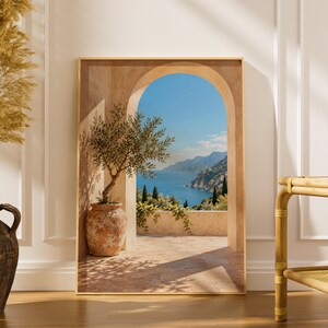 Mediterranean Coastal Wall Art, Sunlit Arch Poster, Olive Tree Print, Amalfi Coast Seaview