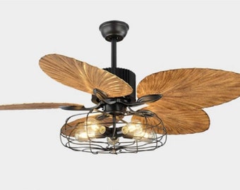 Vintage Cage Ceiling Fan with Light And Remote, Industrial Chandelier Fan with 5 Reversible Blades, 52-Inch Black Finish For Living Room