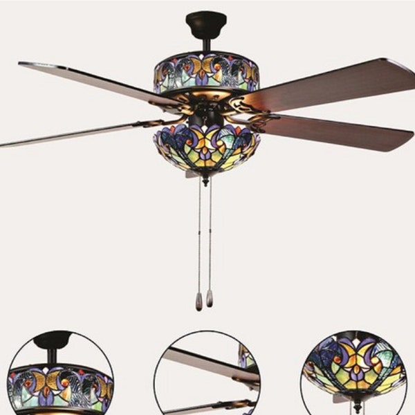 Modern Tiffany-Style Stained Glass Fan, Ceiling Fan with  5 Reversible Blades, Control by Pull Chain
