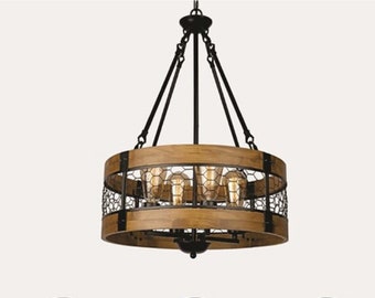 4-Licht runde Anhänger Beleuchtung, rustikale Bauernhaus Kronleuchter Leuchte, Schwarz Holz und Metall Finish, für Esszimmer & Kücheninsel