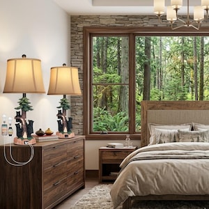 Nattduksbordslampor med björnmotiv för sovrum med nattlampa, set med 2 nattduksbordslampor i lantlig stil med djurmotiv