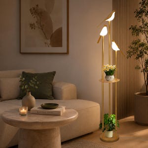 Gold Floor Lamp with Shelves, Mid Century Standing Lamp, 3 LED Bird Lights, Corner Table Lamp, Brass Lamp for Living Room Bedroom