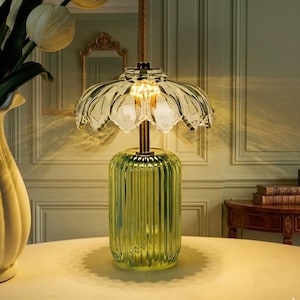 Crystal Glass Flower Lampshade, Small Table Lamps, Decorative Led Light for Bedroom, Cordless Lamp, Battery Operated Lamp with Timer