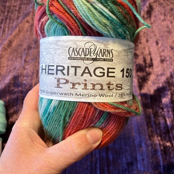 Cascade Heritage Prints - Self Patterning Sock Yarn in Red and Green, White Merino Wool Sock Yarn for Knitting and Crocheting Christmas