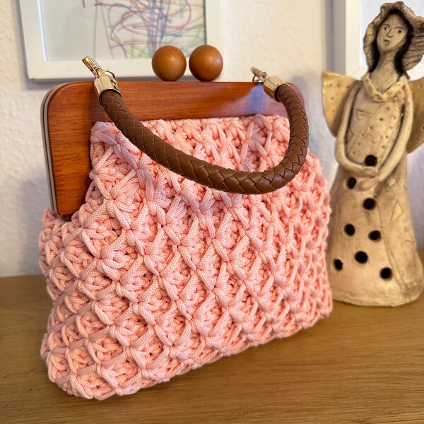 Handtasche Rosa mit Holzrahmen, Sommertasche