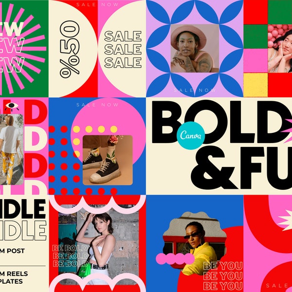 BOLD & FUN BUNDLE Instagram Post Story Reels Templates for Canva Colorful Bright Branding Abstract Feed Pop Marketing Content Modern
