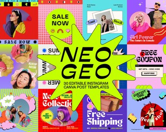 Neo Geo Instagram Post Templates, Bold and Colorful Mid Century Modern (Canva) for Small Business Owners and Creatives