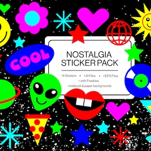 Puede incluir: Un paquete de pegatinas con un tema retro que incluye 14 pegatinas coloridas. Las pegatinas incluyen una cara sonriente, un corazón, una estrella, un sol, un disco, una rebanada de pizza, una nave espacial, un extraterrestre, una boca, una flor, un globo terráqueo, un vaso de jugo y la palabra "COOL".