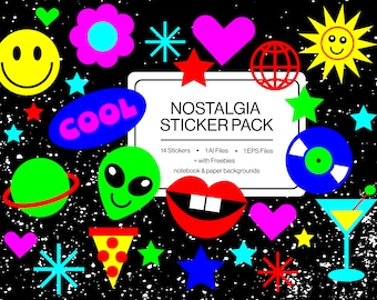 Retro Sticker Pack: Alien, Smiley, Pizza PNG (Digital Download)