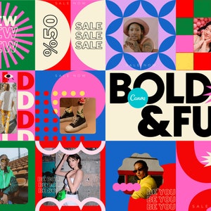 BOLD & FUN Instagram POST Templates for Canva, Colorful Bright Branding, Abstract Feed, Pop Marketing Content, Mid Century Modern