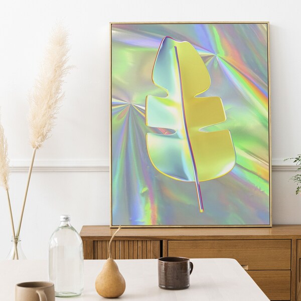 Holographic Digital Poster, Paper, Iridescent Texture, Pastel Foil, Abstract Art, Digital Download, Graphic Design, Leaf, Rainbow