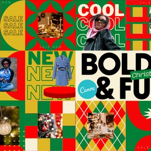 Plantillas POST navideñas de Instagram BOLD & FUN para Canva, marca brillante, publicaciones navideñas editables, feed abstracto, contenido de marketing pop, vacaciones
