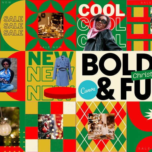 BOLD & FUN Christmas Instagram POST Templates for Canva, Bright Branding, Editable Xmas Posts, Abstract Feed, Pop Marketing Content, Holiday