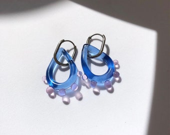 Glass Earrings/Custom Design Earrings/Murano Glass Earrings/Pendant Earrings/Glass Drop Earrings/Transparent Blue and Pink Glass