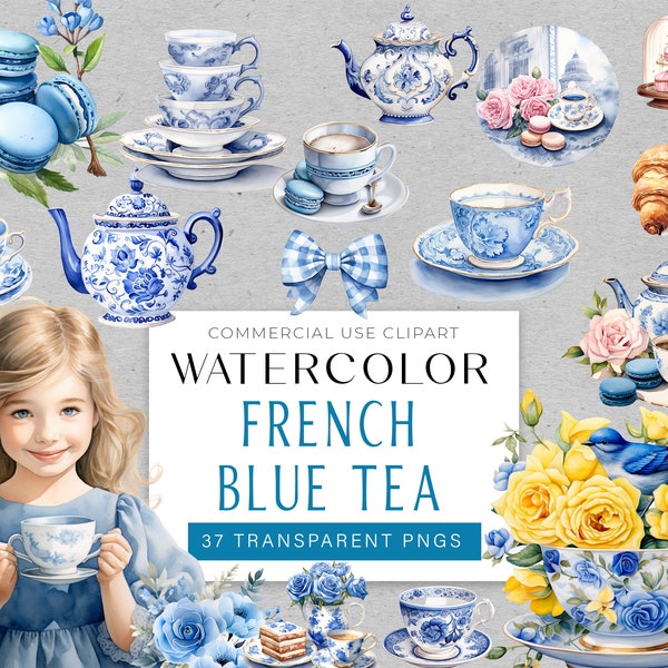 French Blue Tea Clip Art Set - Handcrafted Watercolor Style, 37 Designs, 300 DPI