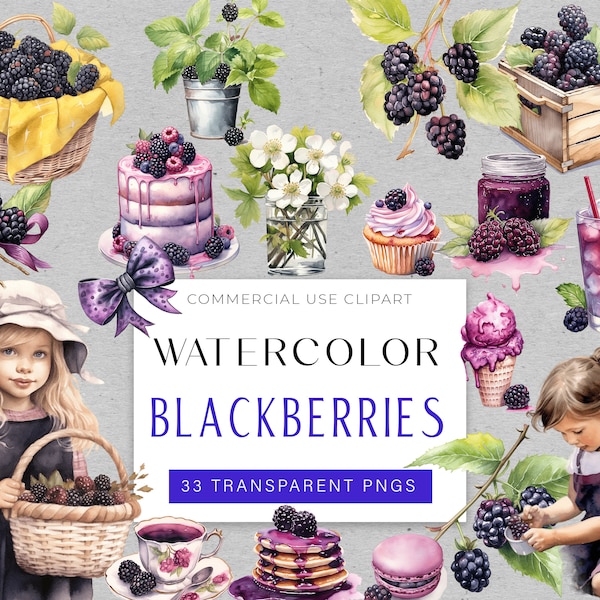 Halte die Schönheit der Brombeeren fest: Handgefertigtes Aquarell Clip Art Set