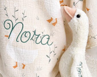 Personalized Goose Baby Gift Set | Embroidered Plush Goose & Muslin Swaddle | Neutral Newborn Gift | Baby Shower Gift | One Silly Goose