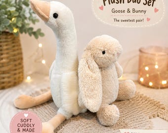 Personalized Bunny & Goose Plush Set, Custom Embroidered Stuffed Animals, Baby Shower Gift, Easter Bunny, Goose Plush, Nursery Keepsake Gift